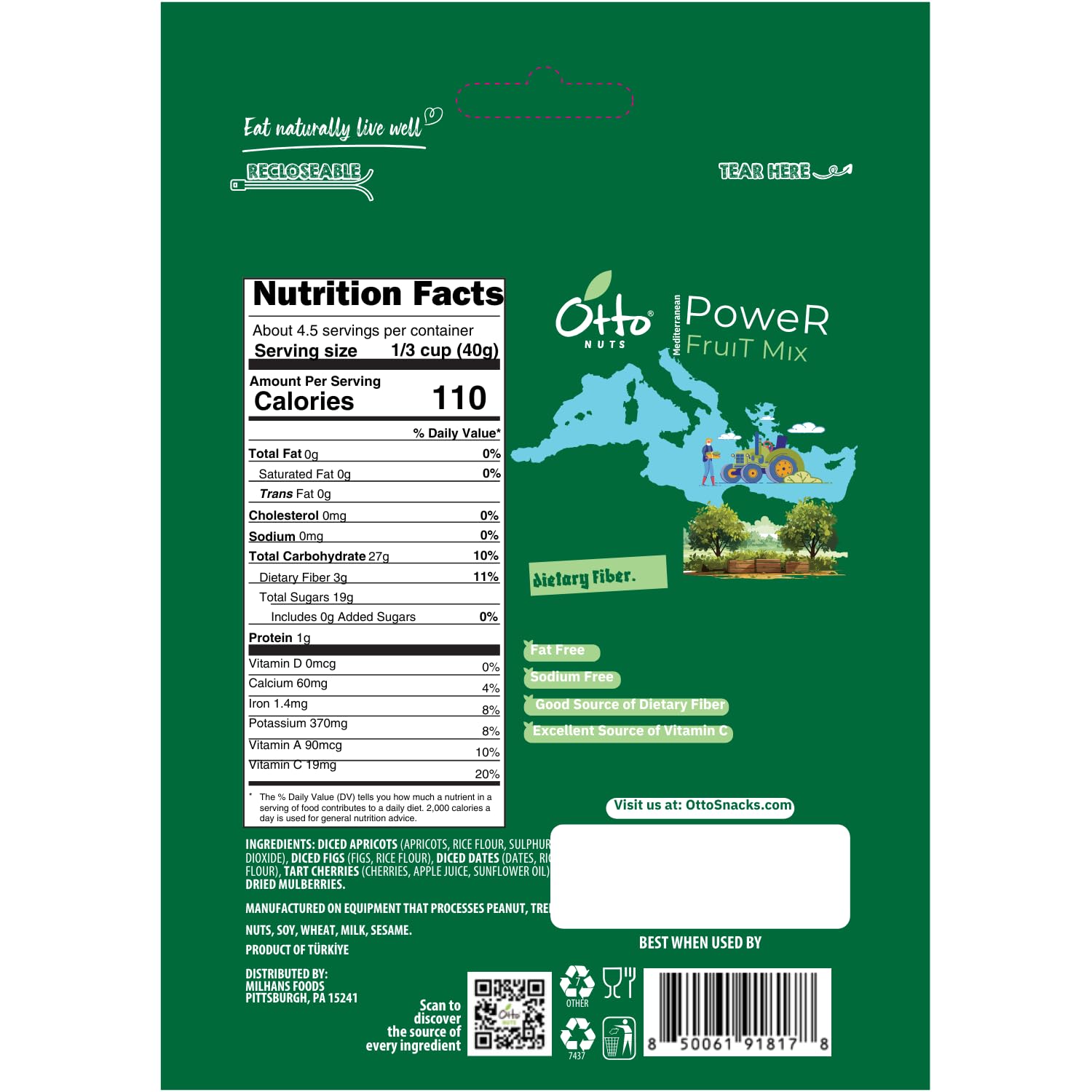 Otto Nuts - Mediterranean Power Fruit Mix, NON-GMO Good Source of Dietary Fiber | 6 OZ with Resealable Bag