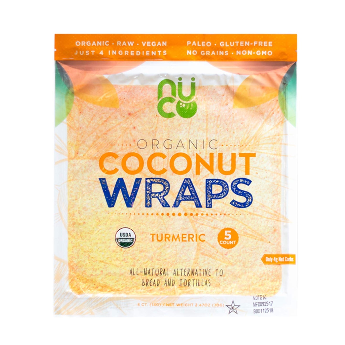 NUCO Organic Coconut Wraps, Turmeric - Gluten Free, Low Carb, Vegan, 5 Ct