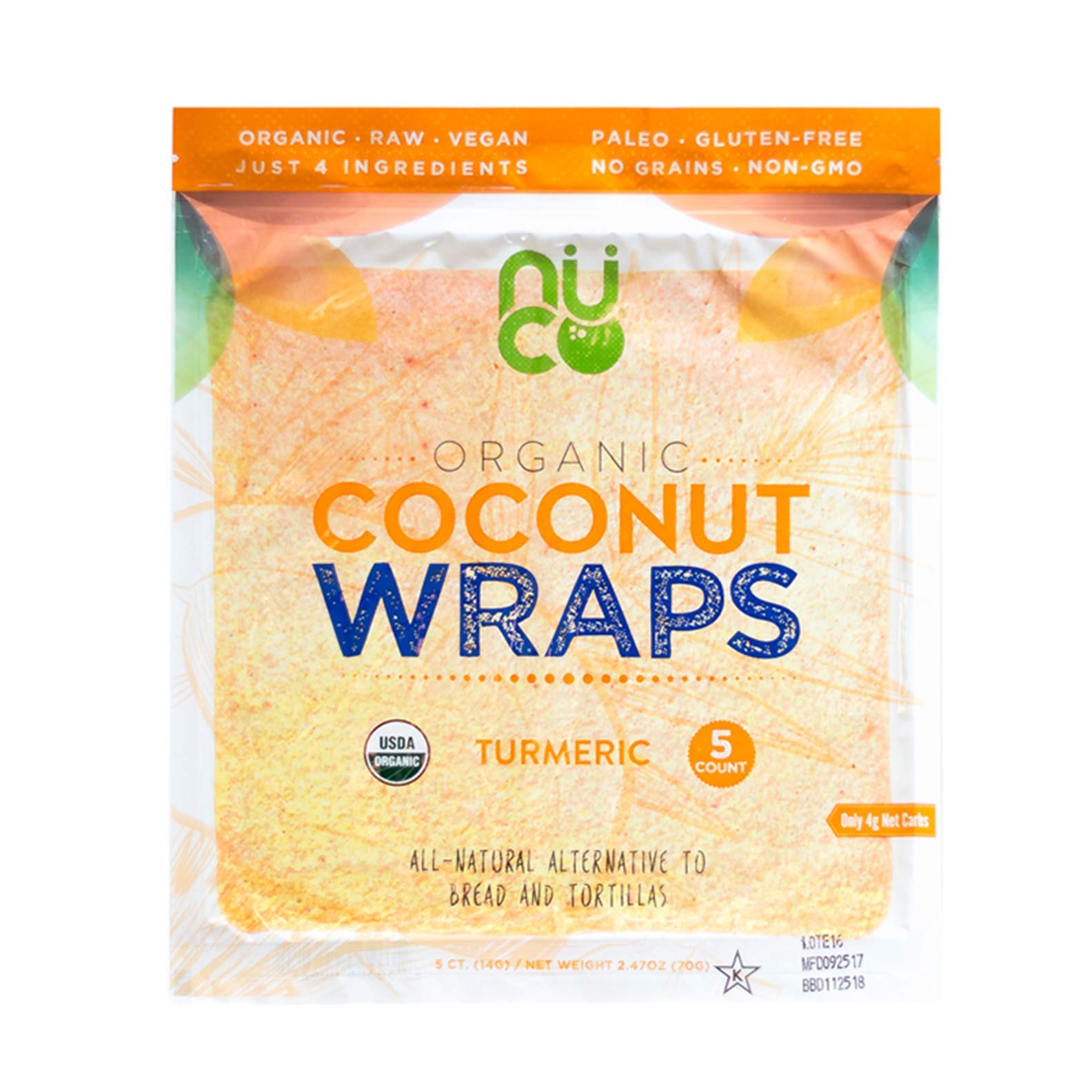 NUCO Organic Coconut Wraps, Turmeric - Gluten Free, Low Carb, Vegan, 5 Ct