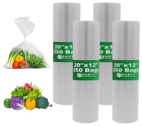 PARTY BARGAINS 20 x 12 Inch Clear Plastic Produce Bags on a Roll, 1400 Count - Food-Grade Polyethylene Grocery Bags for Fruits, Vegetables, Bread