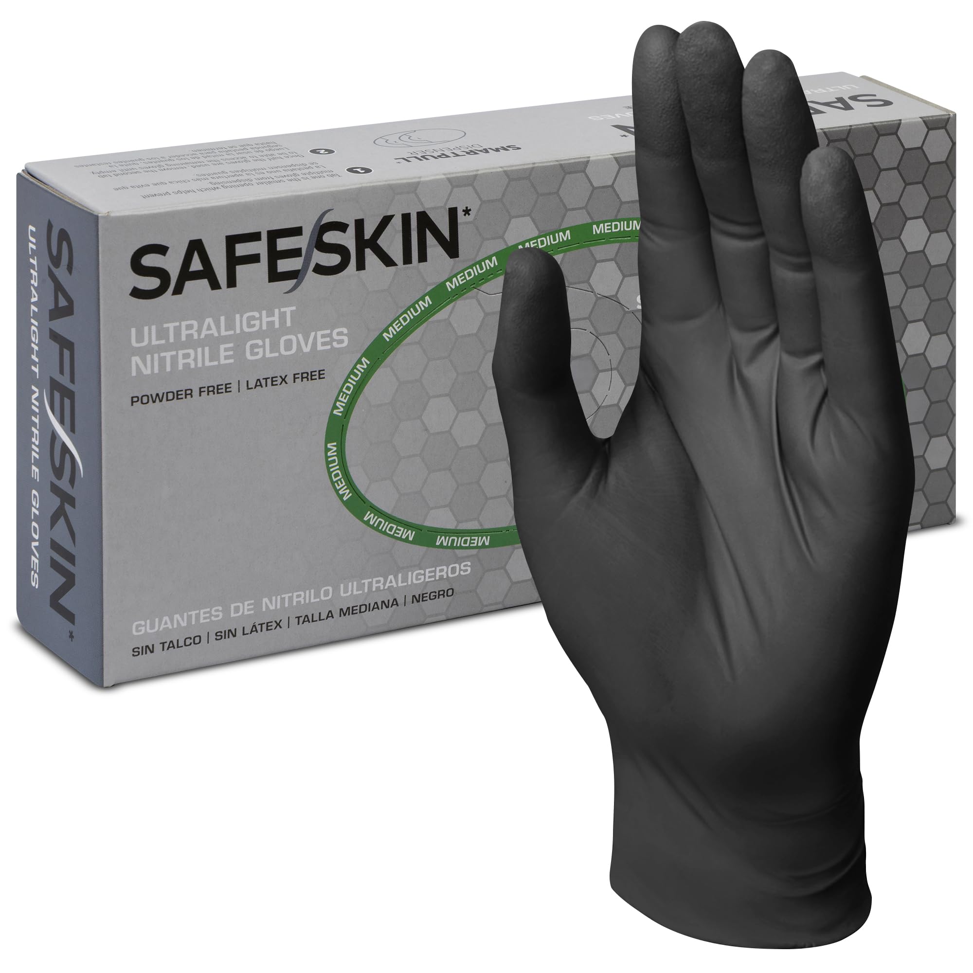 SAFESKIN Ultralight Disposable Nitrile Gloves - 2.0 Mil, Black, Large, 100 Count - Powder Free, Latex Free, All Purpose, Food Prep, Cooking, General