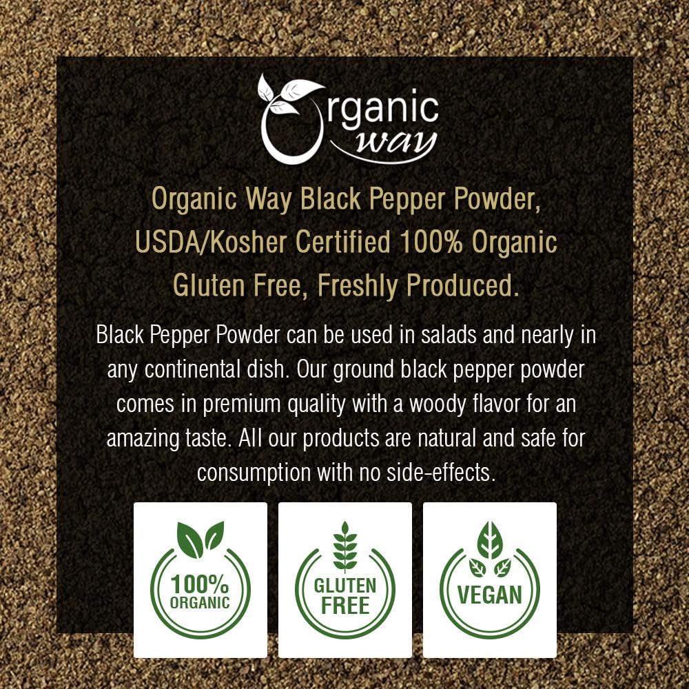 Organic Way Premium Black Pepper Powder (Black Tellicherry Peppercorn) - Adds Flavour & Aroma | Organic & Kosher Certified | Raw, Non GMO & Gluten