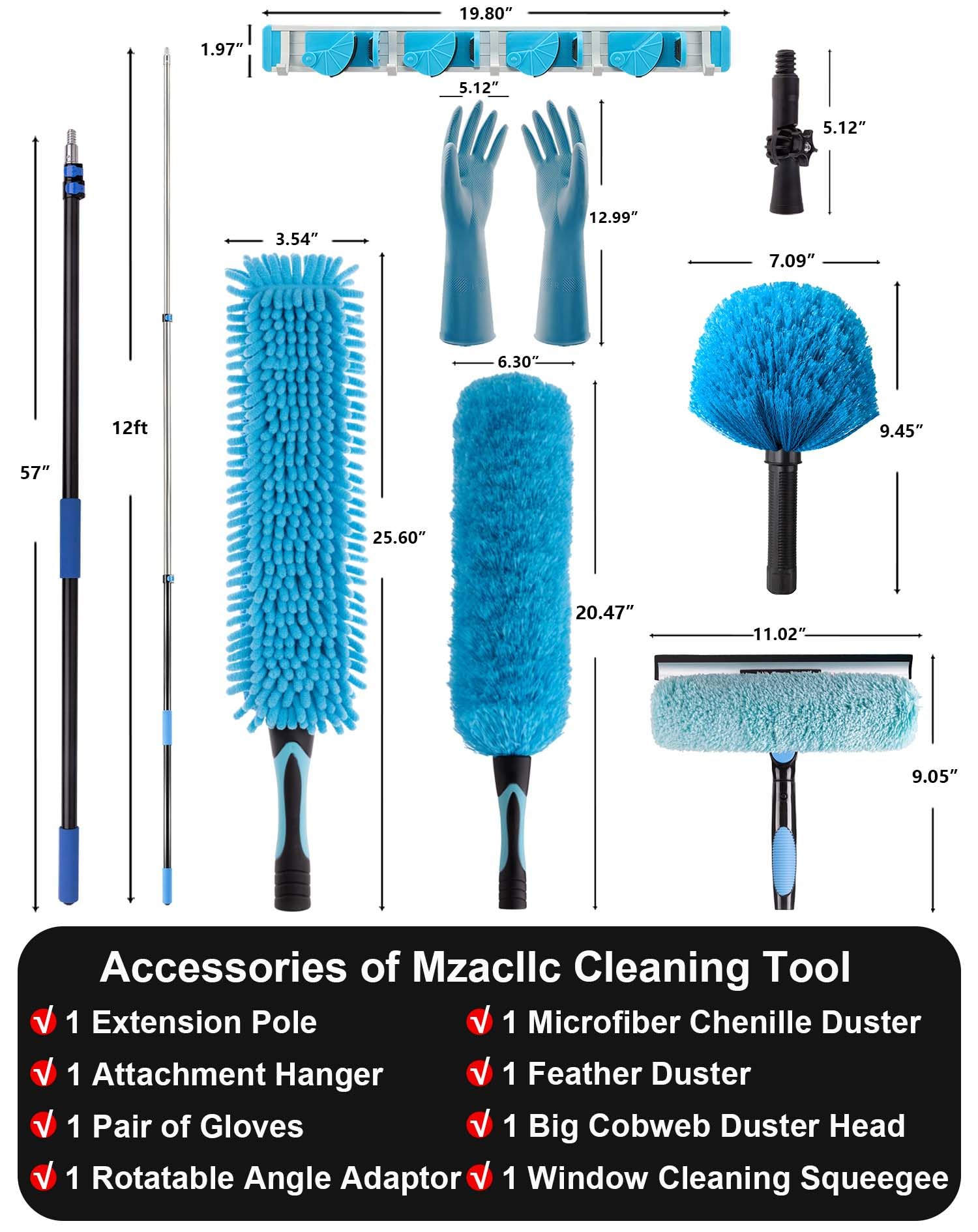 APMOLAR 20 Foot High Reach Ceiling Fan Duster with 5-12ft Heavy Duty Extension Pole, Microfiber Feather, Cobweb Duster, Window Squeegee Kit, Cleaning