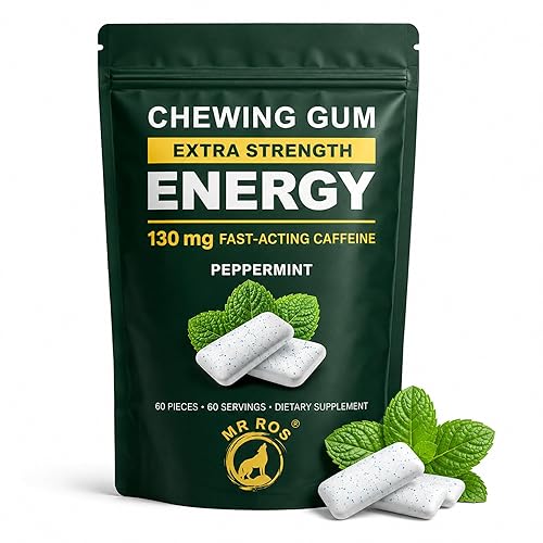 MR ROS Caffeine Gum - Energy Chewing Gum, 130 mg Caffeine per Piece, Fast Acting Energy & Focus, Sugar Free, Peppermint Flavor, 60 Pieces