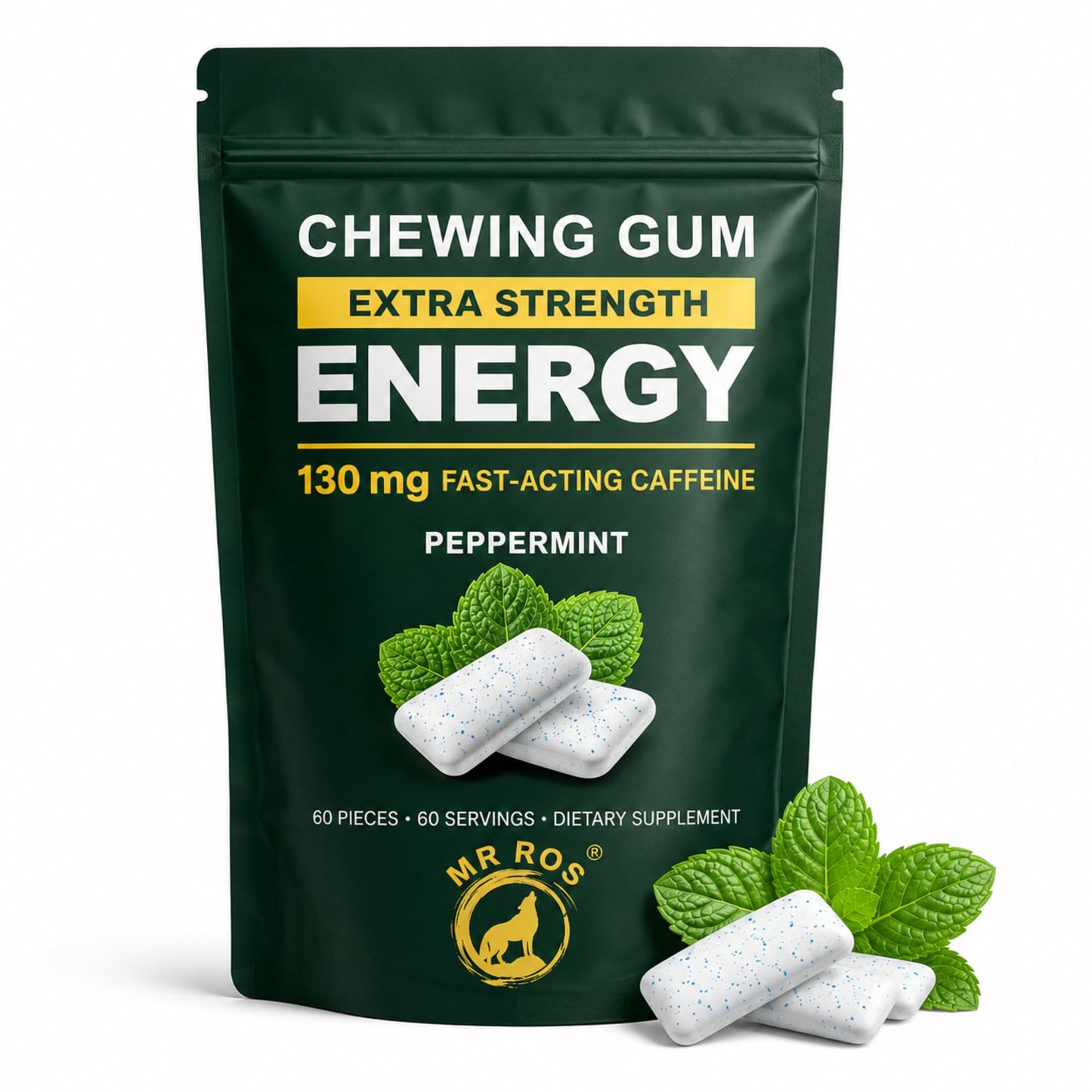 MR ROS Caffeine Gum - Energy Chewing Gum, 130 mg Caffeine per Piece, Fast Acting Energy & Focus, Sugar Free, Peppermint Flavor, 60 Pieces