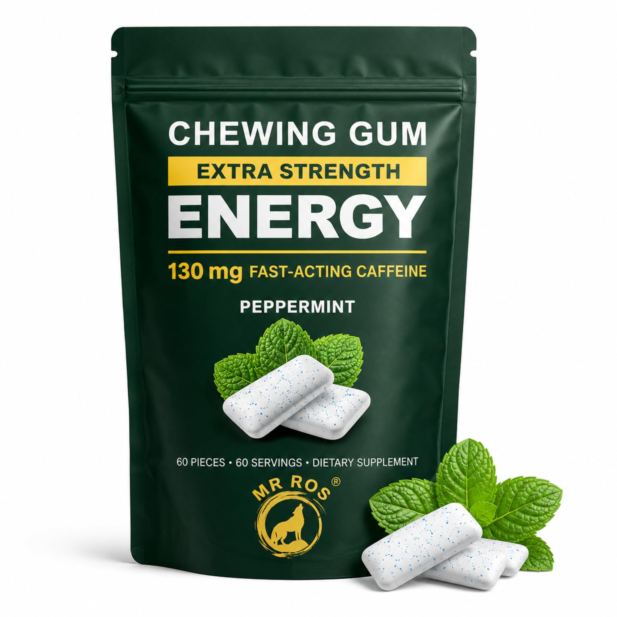MR ROS Caffeine Gum - Energy Chewing Gum, 130 mg Caffeine per Piece, Fast Acting Energy & Focus, Sugar Free, Peppermint Flavor, 60 Pieces