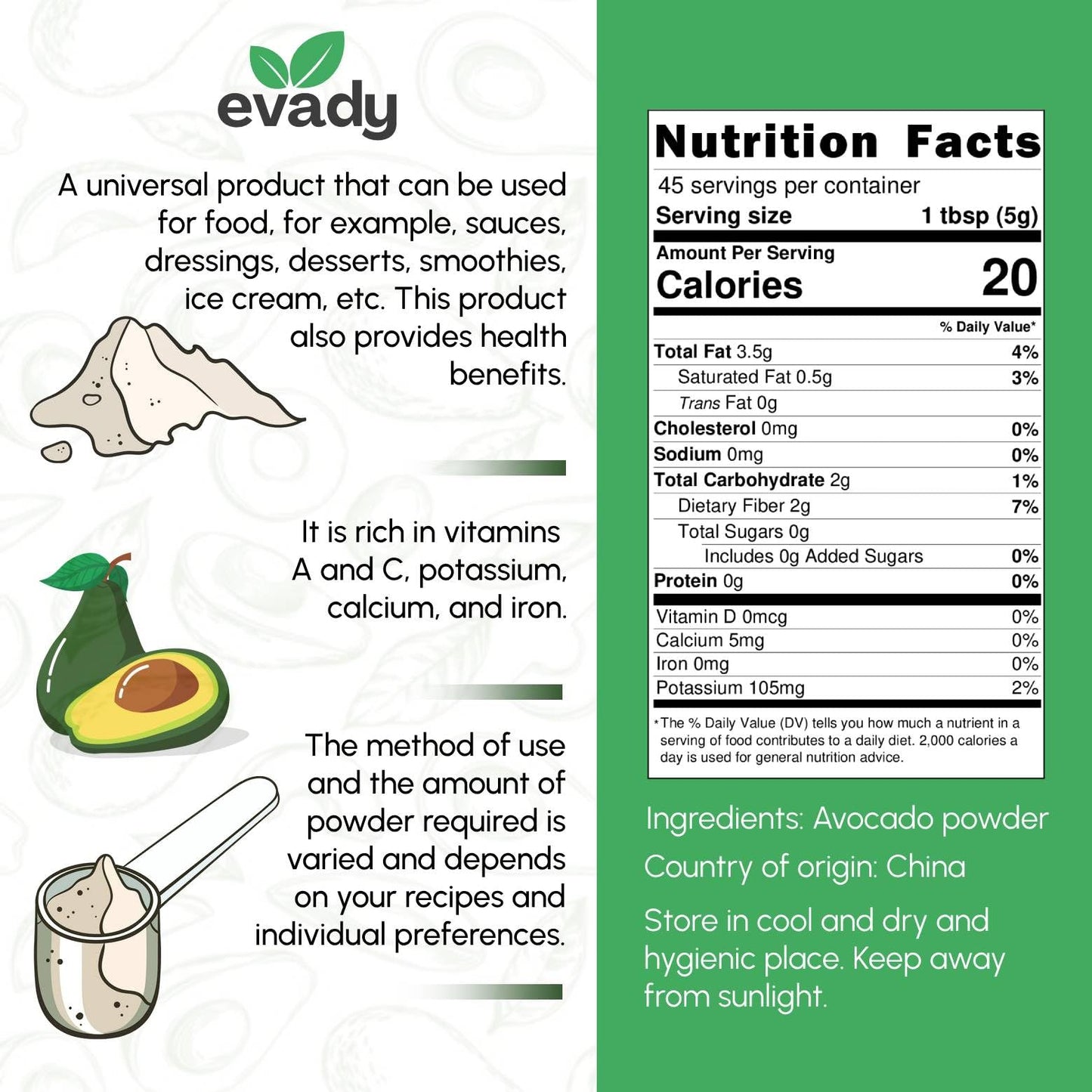 Avocado Powder 8 oz, Natural Avocado Powder for Vitamin Cocktail, Smoothies, Dressing, Salads, Seasonings