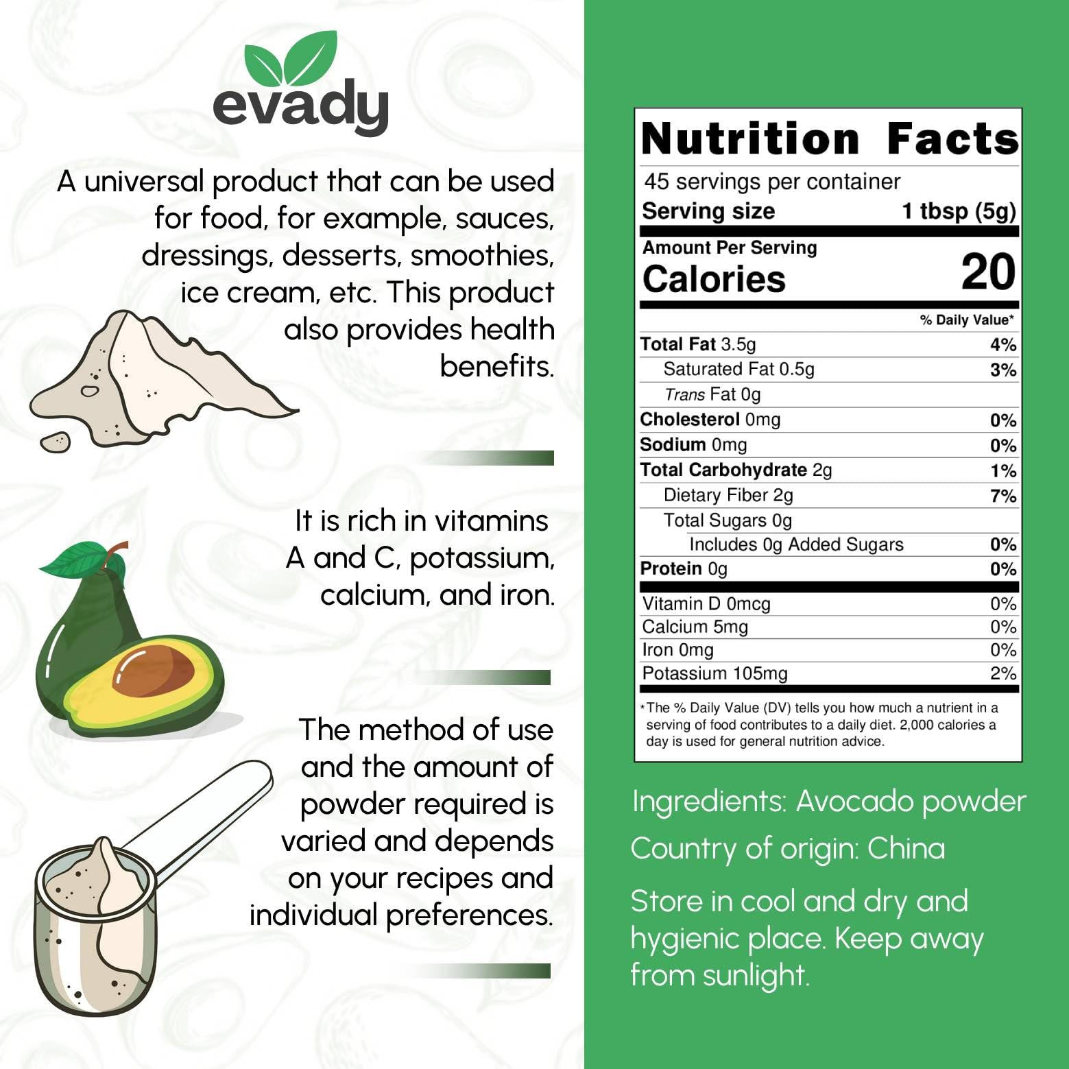Avocado Powder 8 oz, Natural Avocado Powder for Vitamin Cocktail, Smoothies, Dressing, Salads, Seasonings
