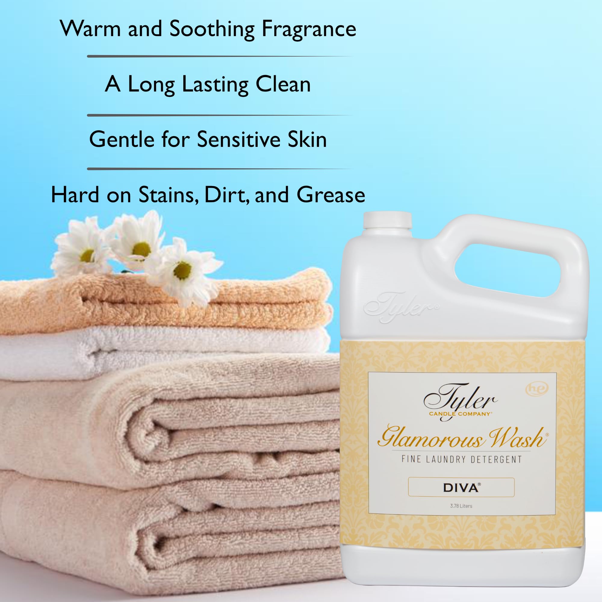 Tyler Candle Glamorous Wash Laundry Detergent, Diva Bundle with Tyler Candle Mixer Melts, Autoglam Freshener, and Degreaser Pen (1 Gallon)