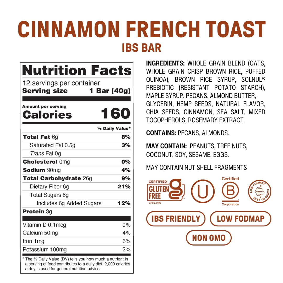 Fody Foods IBS Snack Bars, Cinnamon French Toast, 1.41 Oz (Pack of 12), 6g Prebiotic Fiber, Low FODMAP, Gut & IBS Friendly, Lactose Free, Non-GMO