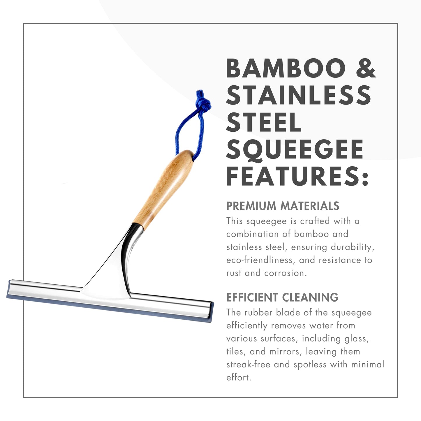 ToiletTree Products All Purpose Bamboo Stainless Steel Squeegee - Rust Proof Deluxe Squeegee with Hanging Hook - Hand Wiper for Shower Doors