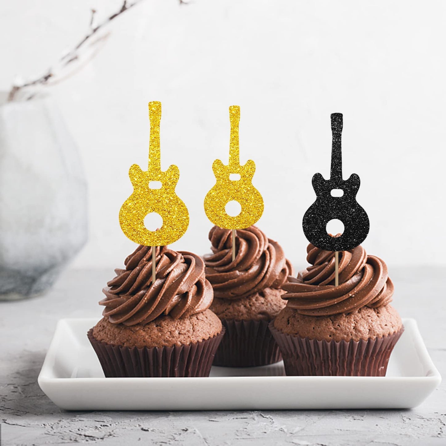24PCS Guitar Cupcake Toppers, Rock Cupcake Topper for Boys, Music Notes Food Picks, Guitar Player Birthday Party Decoration - Black & Gold Glitter
