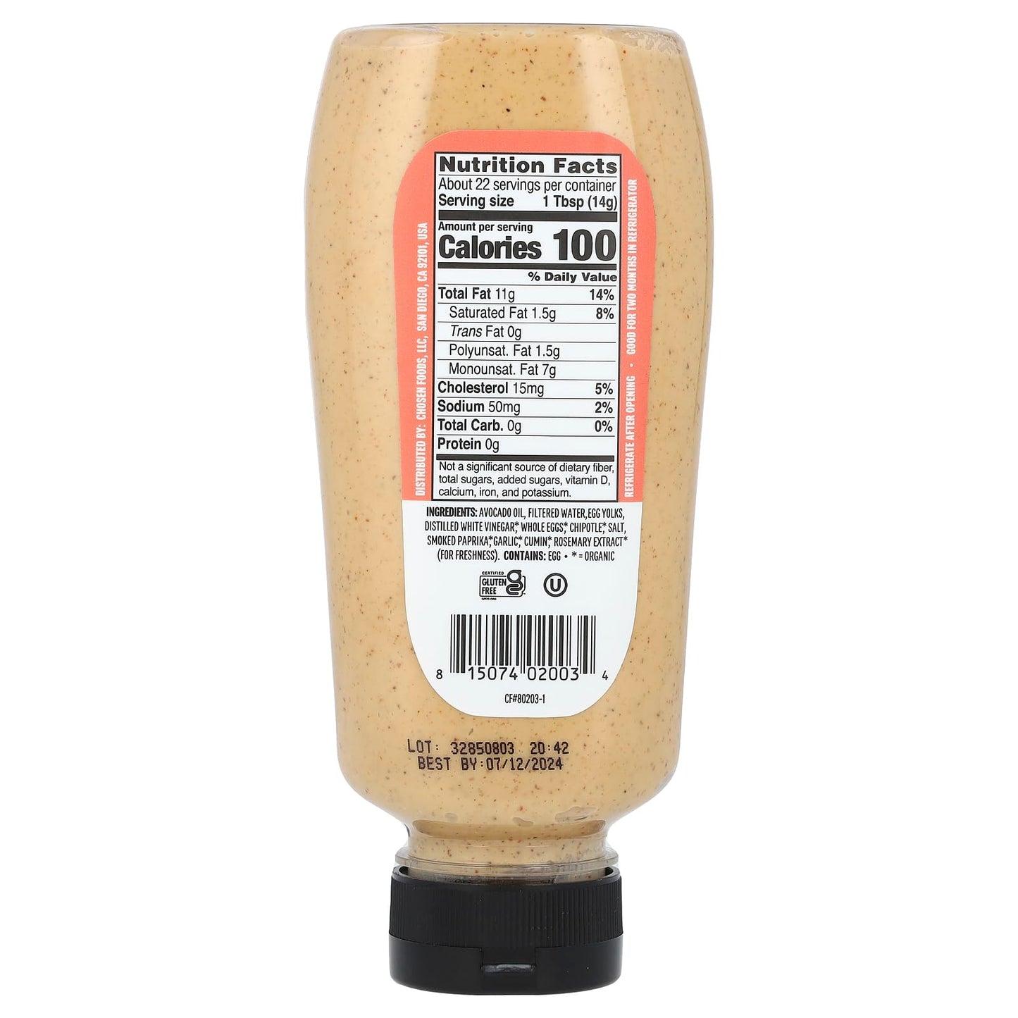 Chosen Foods, Avocado Oil Chipotle Squeeze Mayo, 11.25 Ounce