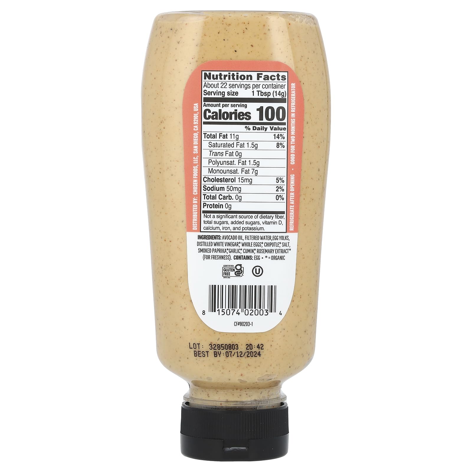 Chosen Foods, Avocado Oil Chipotle Squeeze Mayo, 11.25 Ounce