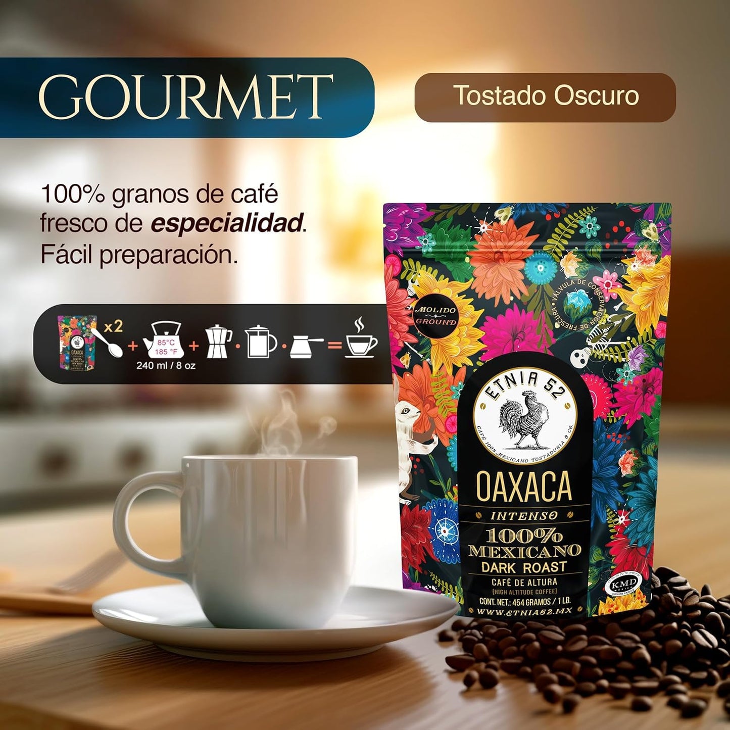 Etnia 52 - Oaxaca (Intenso), Mexican Ground Coffee, 1 lb. or 16 oz, Kosher Certified (KMD), Made in Mexico, includes Ebook