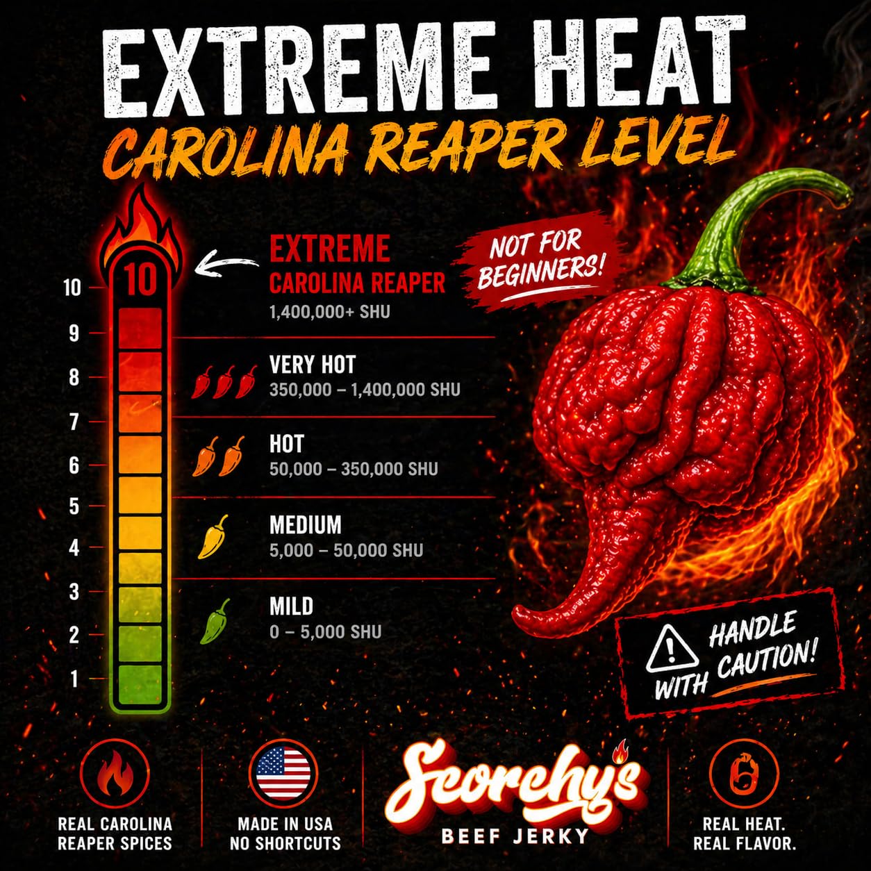 Scorchy's Jerky - Carolina Reaper Beef Jerky - Extreme Spicy Jerky, Made in USA, High Protein Snack, Low Carb, No MSG, Premium USDA Beef - Small Batch
