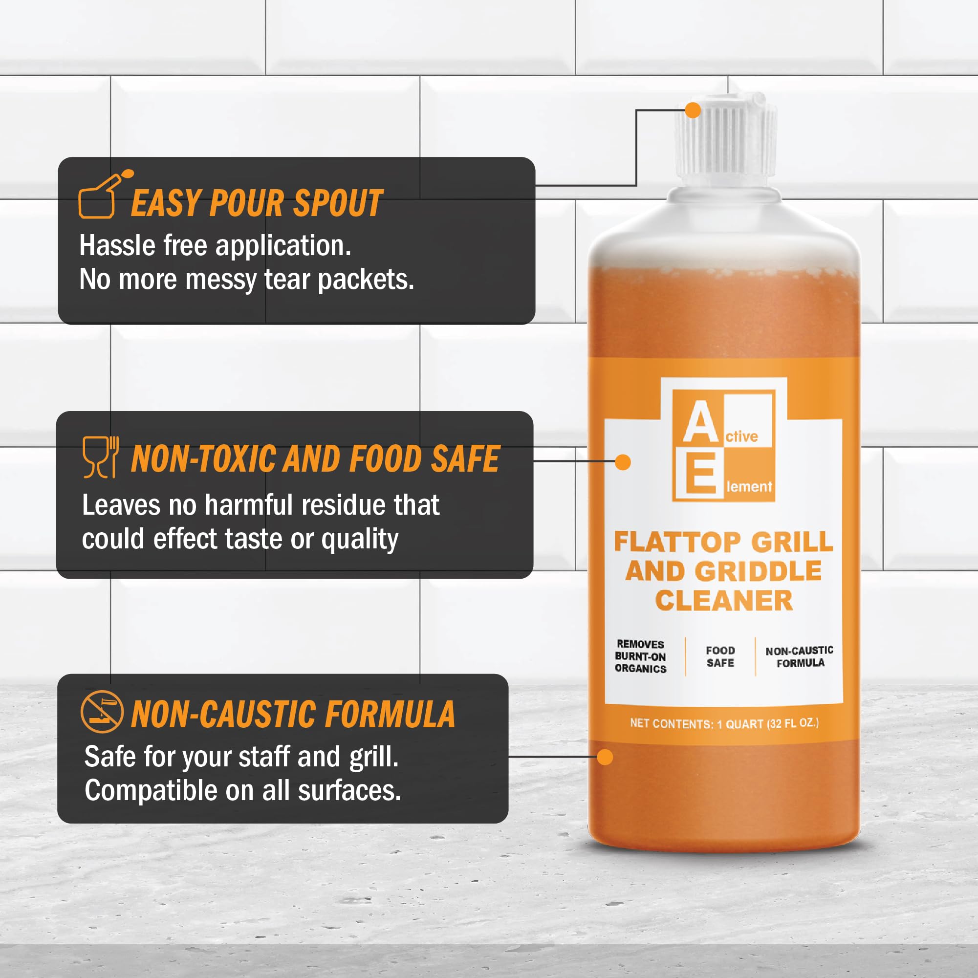 Active Element Flat Top Grill Cleaner - 32 fl oz | Griddle Cleaner, Removes Burnt-On Residue, Food Safe, Non-Caustic Formula, For Blackstone Grills