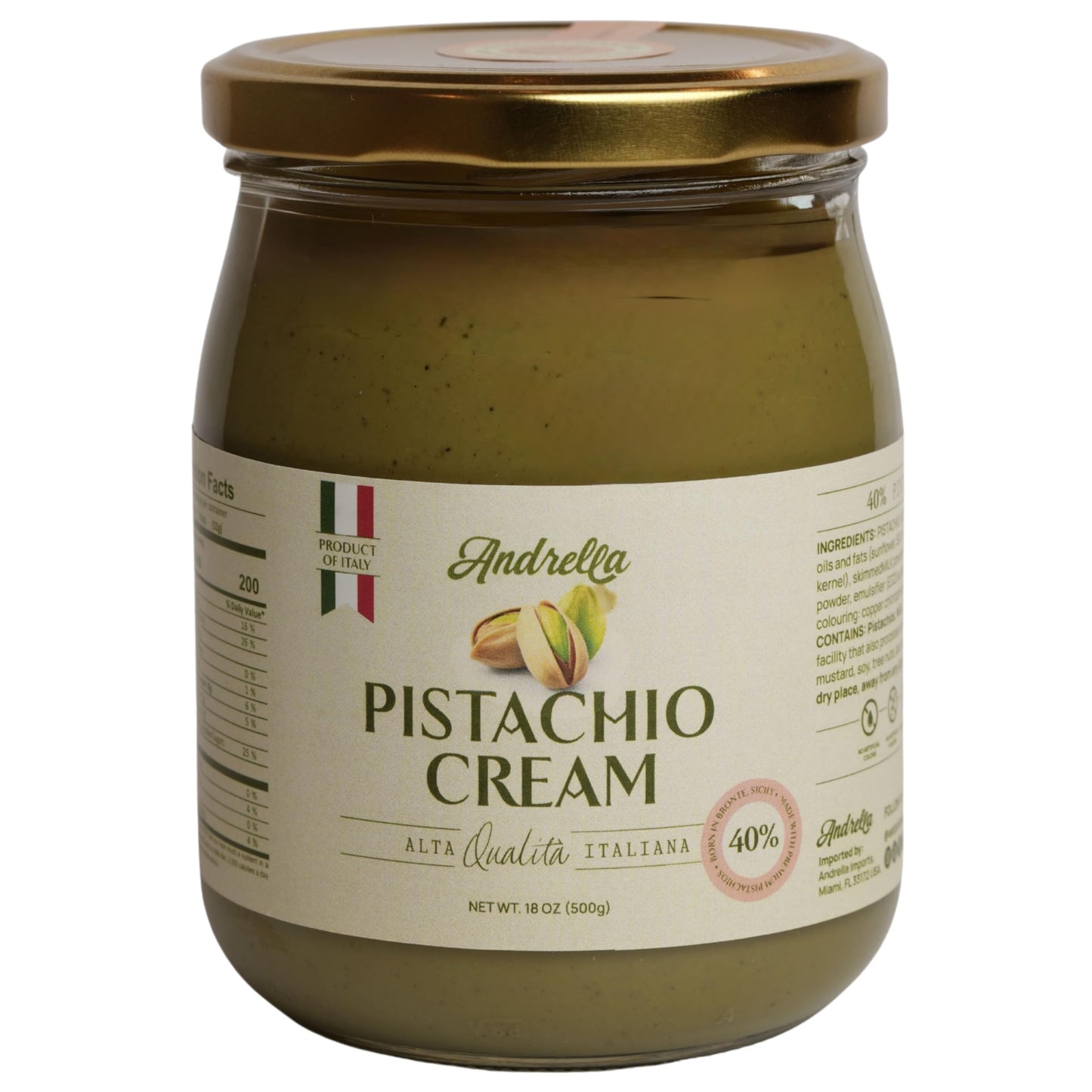 Andrella - 500g (18 oz) Premium Sicilian Pistachio Cream 40% - Italian Pistachio Spread - Gourmet Pistachio Butter for Desserts, Pastries & Croissants