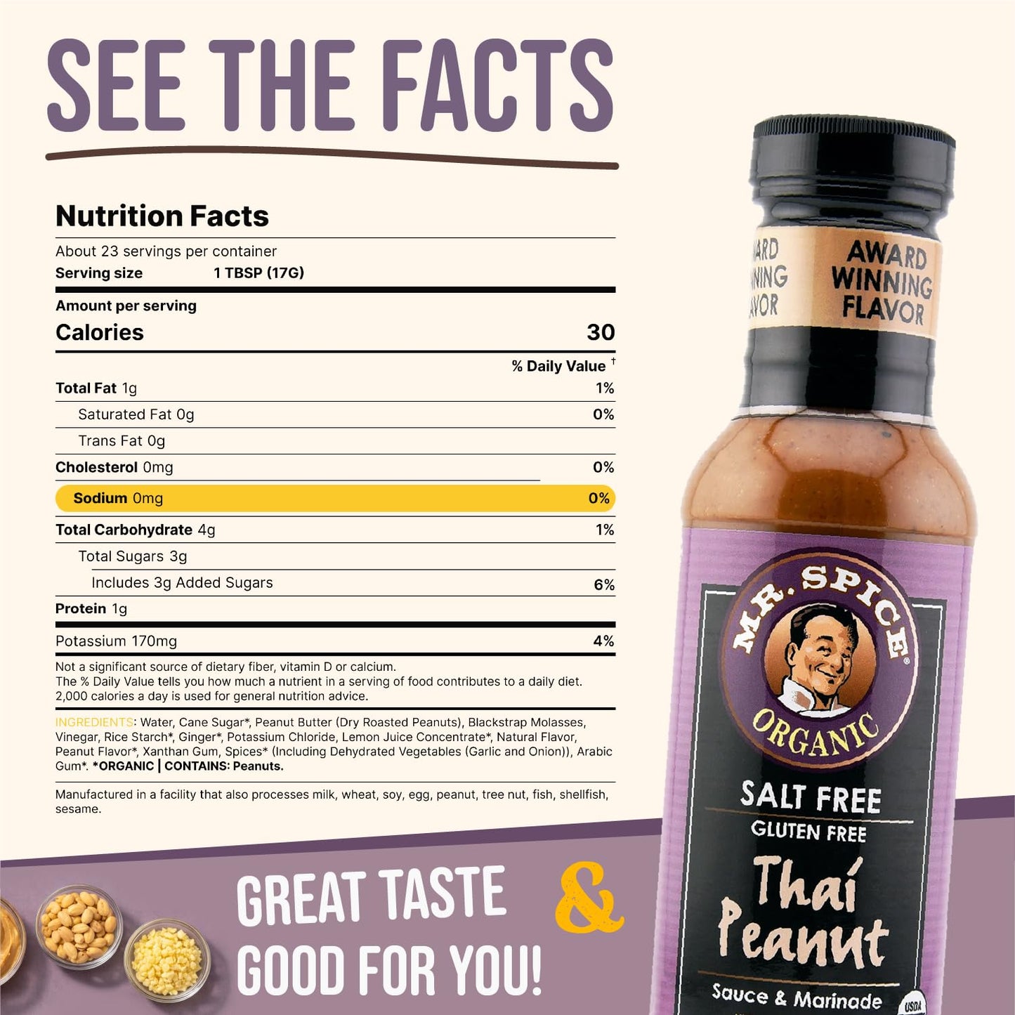 Mr. Spice Organic Thai Peanut Sauce, Salt Free Peanut Sauce & Dressing (0 mg/serving), Gluten Free, Low Sodium Sauces for Marinade, Wok, Air Fryer, No