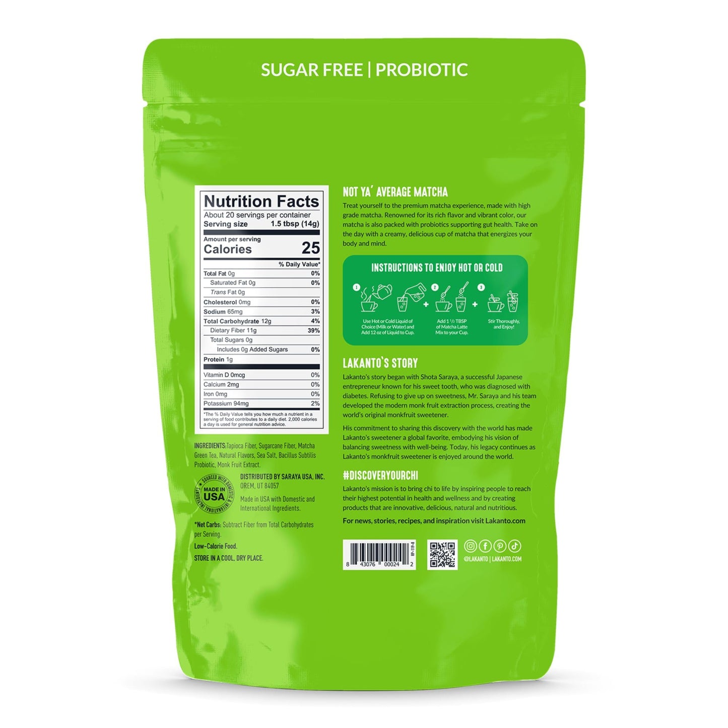 Lakanto Sugar Free Matcha Latte - Green Tea Powder with Shelf Stable Probiotics and Fiber, Sugar Free, Monk Fruit Sweetener, Keto Diet Friendly