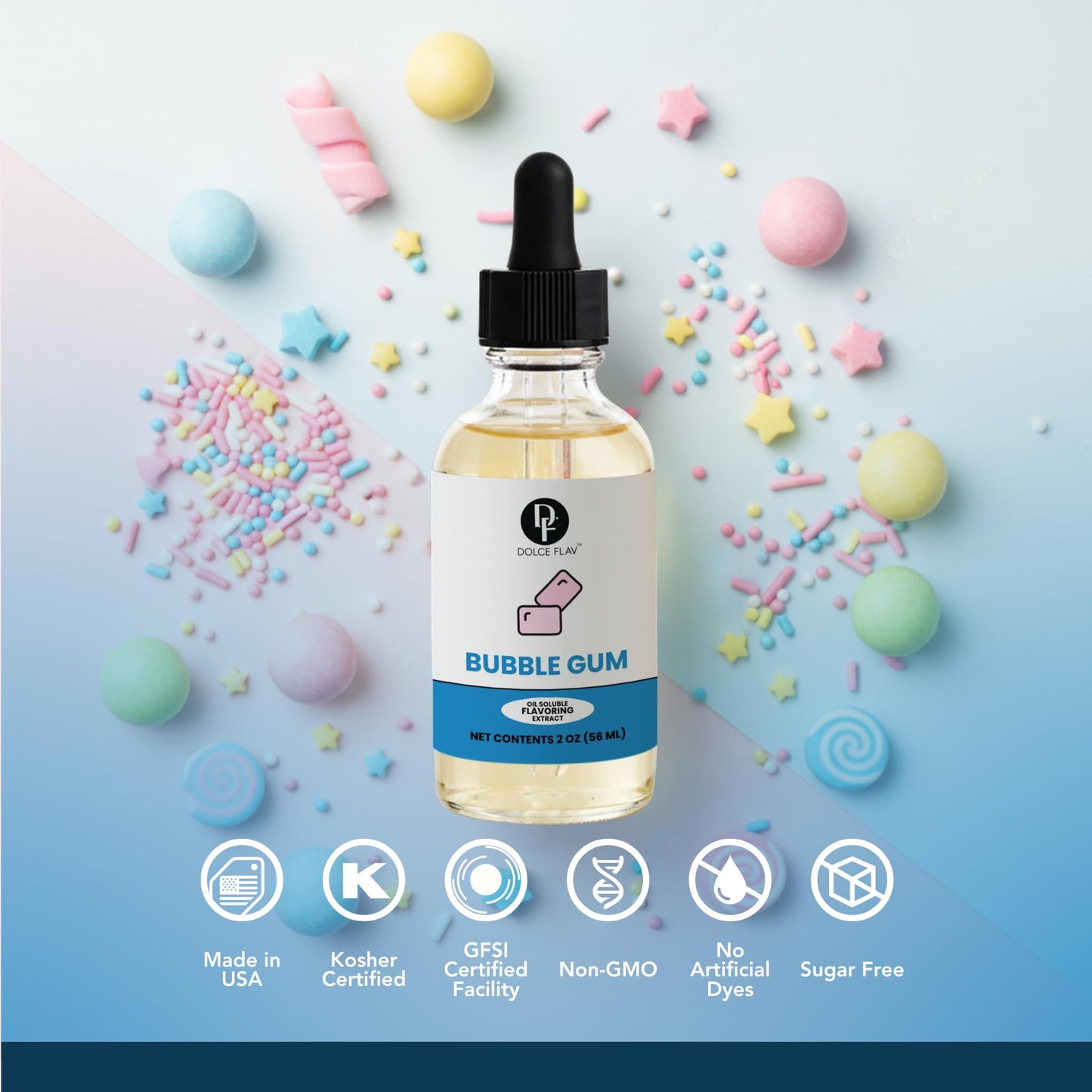 Dolce Flav Oil Soluble Bubble Gum Extract - 2 Oz. - Sugar-Free, Zero Calories - Multipurpose Bubble Gum Flavoring Oil for Candy Making, Lip Balm, Ice