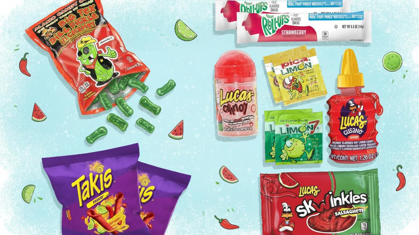 Chamoy Pickle Kit with Candy & Snacks Fruit Rolls, Chips, Lucas Gusano, Skwinkles, Salsagheti 12-Unit Kit