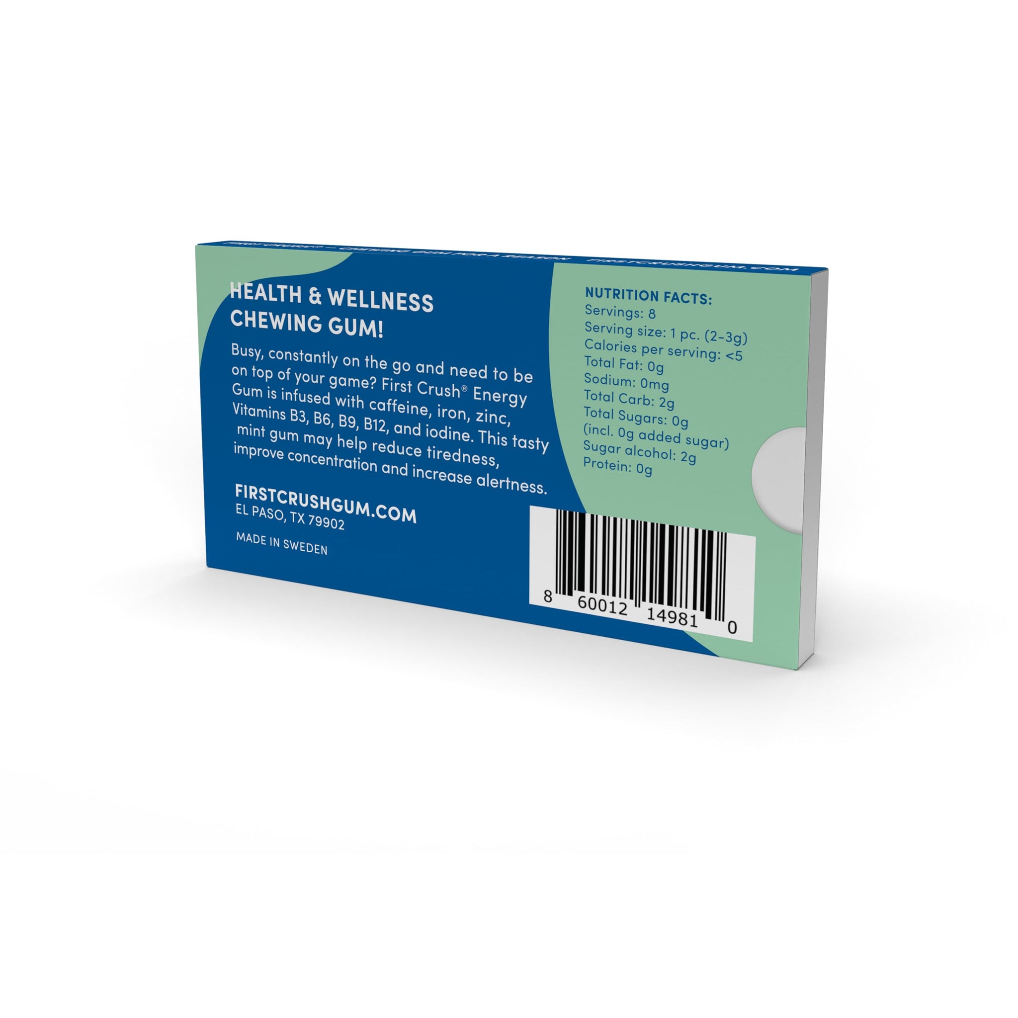 First Crush Energy Gum | Health & Wellness Gum with 60 mg Caffeine & Vitamins | Sugar Free