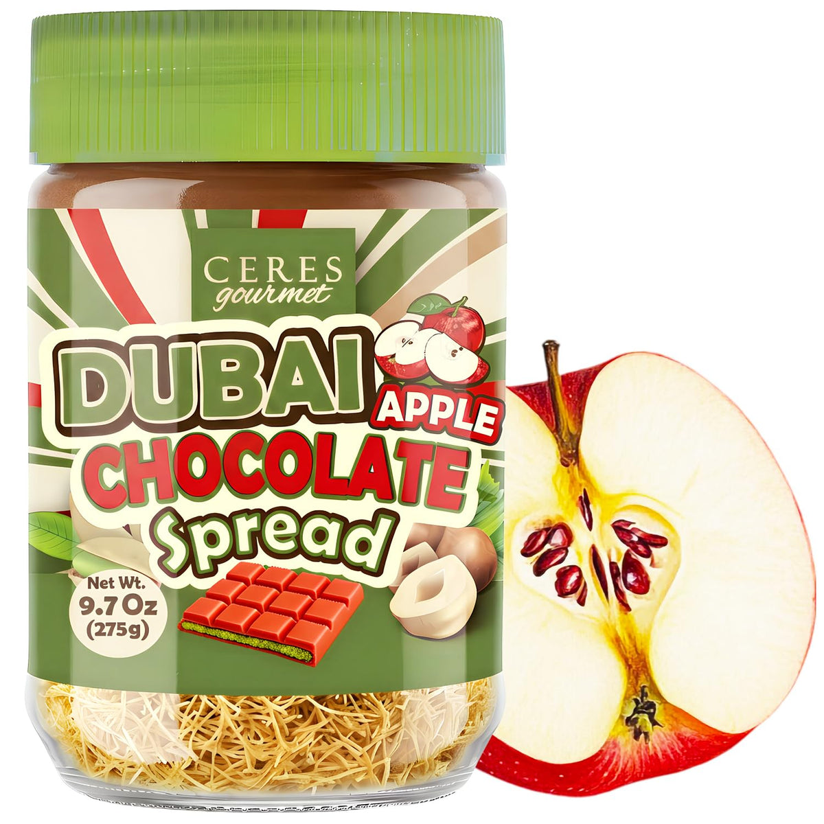 Dubai Spreadable Chocolate with Freeze Dried Apple - Premium Pistachio Spread with Roasted Phyllo, Gourmet Breakfast Chocolate (9.7 oz / 275 g)