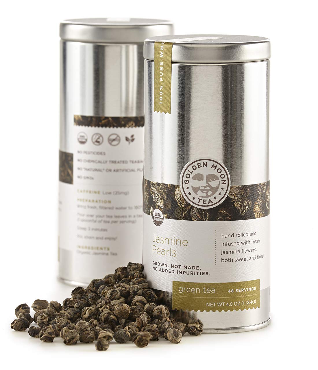 Golden Moon Tea Organic Jasmine Pearls Green Tea - Loose Leaf Dragon Pearls, Premium Grade, Non GMO - Travel Tin (48 Servings)