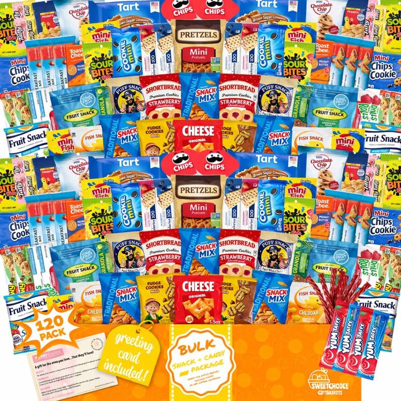 Snack Box Variety Pack (120 Count) - Bulk Snacks Individually Wrapped for Adults, Kids and Teens - Chips, Cookies and Bars - Care Package for College