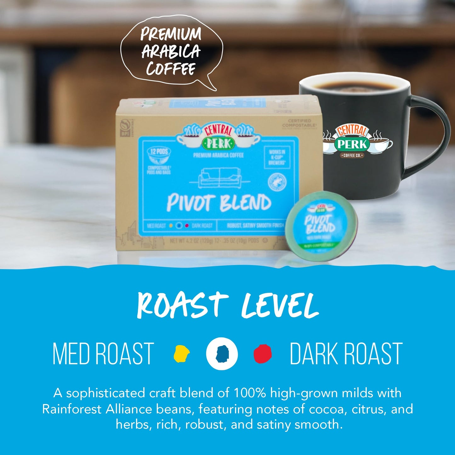 Central Perk Medium Dark Roast Single Serve Coffee Pods Compatible with K-Cup Brewers - "Pivot Blend", 100% Arabica Coffee with Bright Citrus, Sweet