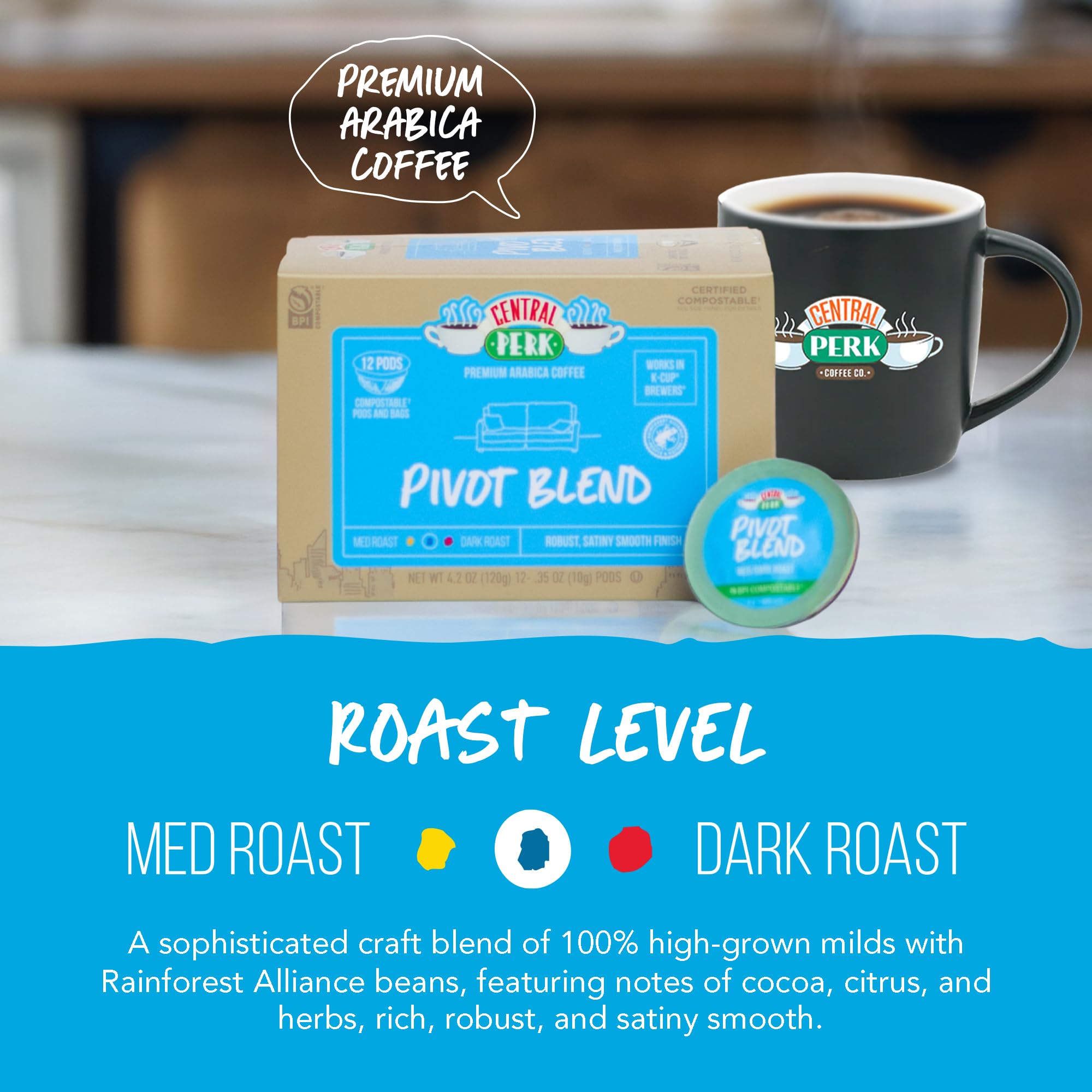Central Perk Medium Dark Roast Single Serve Coffee Pods Compatible with K-Cup Brewers - "Pivot Blend", 100% Arabica Coffee with Bright Citrus, Sweet
