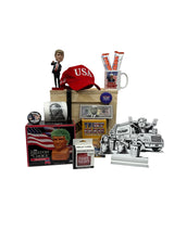 Love President Donald Trump Crate, Packed with Trump Gifts, Including Fake News Button, Hat, Bobble Head, Coffee Mug, Buttons, Card Game, Drain
