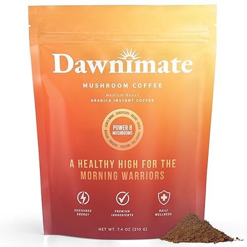 Dawnimate Mushroom Coffee - Tastes Like Coffee, Not Too Earthy & Still Healthy - Organic Power 8 Mushroom Blend - Including Lion’s Mane, Cordyceps