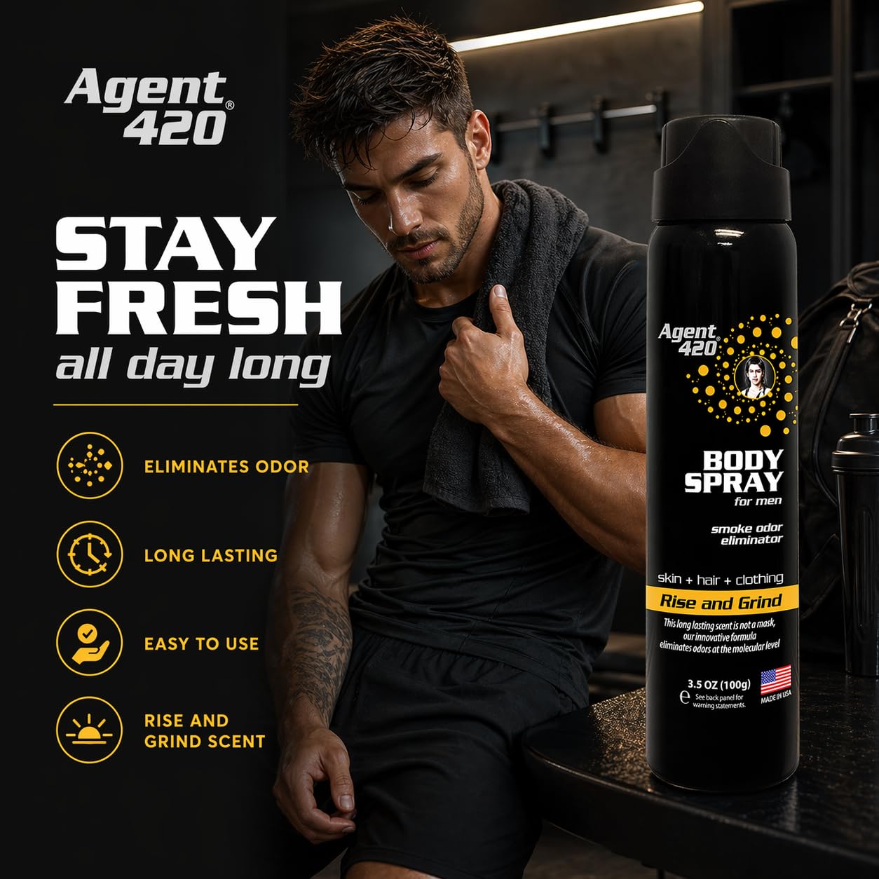 Agent 420 Cannabis & Cigarette Smoke Odor Body Spray for Men, 3.5 oz - Eliminates Odors at the Molecular Level (Rise and Grind)