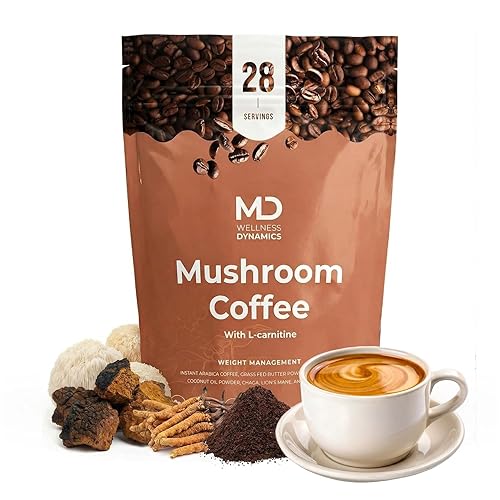 md wellness dynamics Mushroom Coffee with L Carnitine, Coconut Oil, & Grass Feed Butter - Lion’s Mane Reishi Chaga Cordyceps Smooth Energy Metabolism
