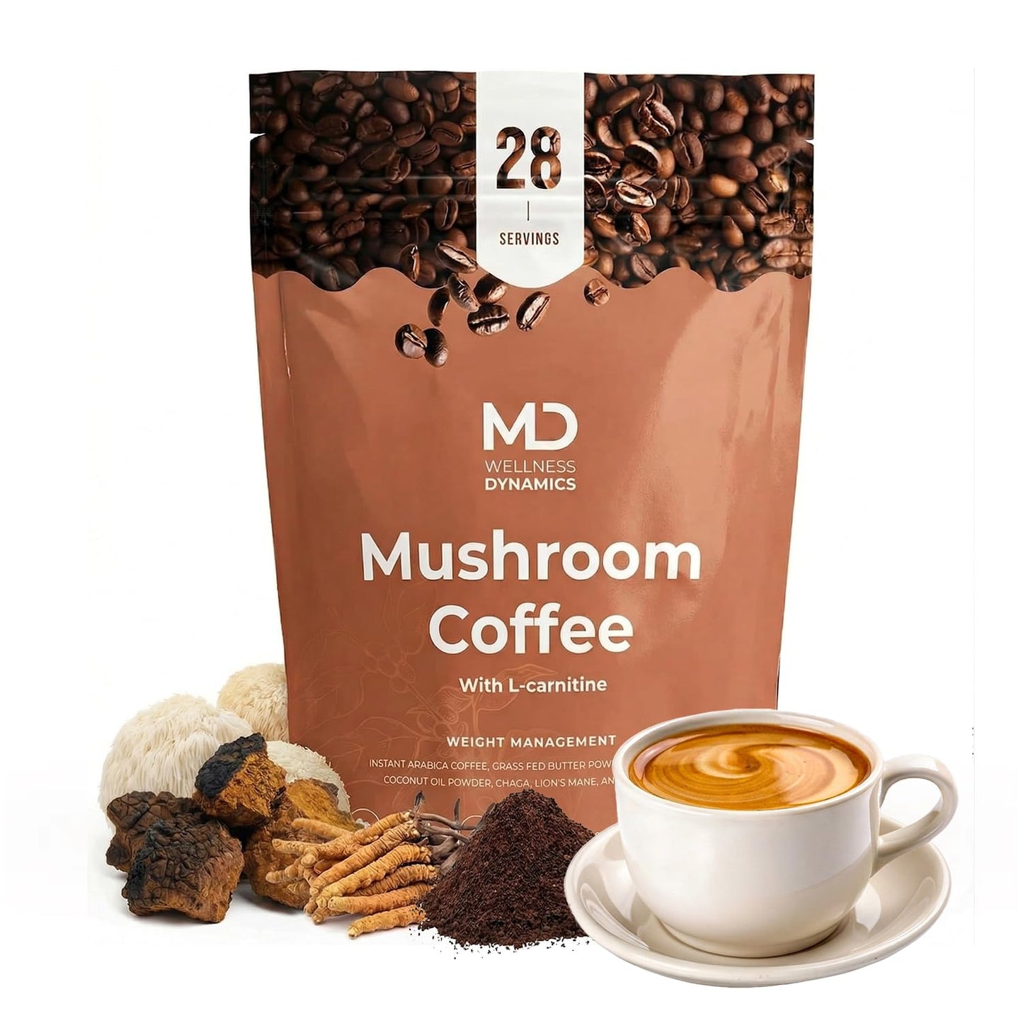 md wellness dynamics Mushroom Coffee with L Carnitine, Coconut Oil, & Grass Feed Butter - Lion’s Mane Reishi Chaga Cordyceps Smooth Energy Metabolism
