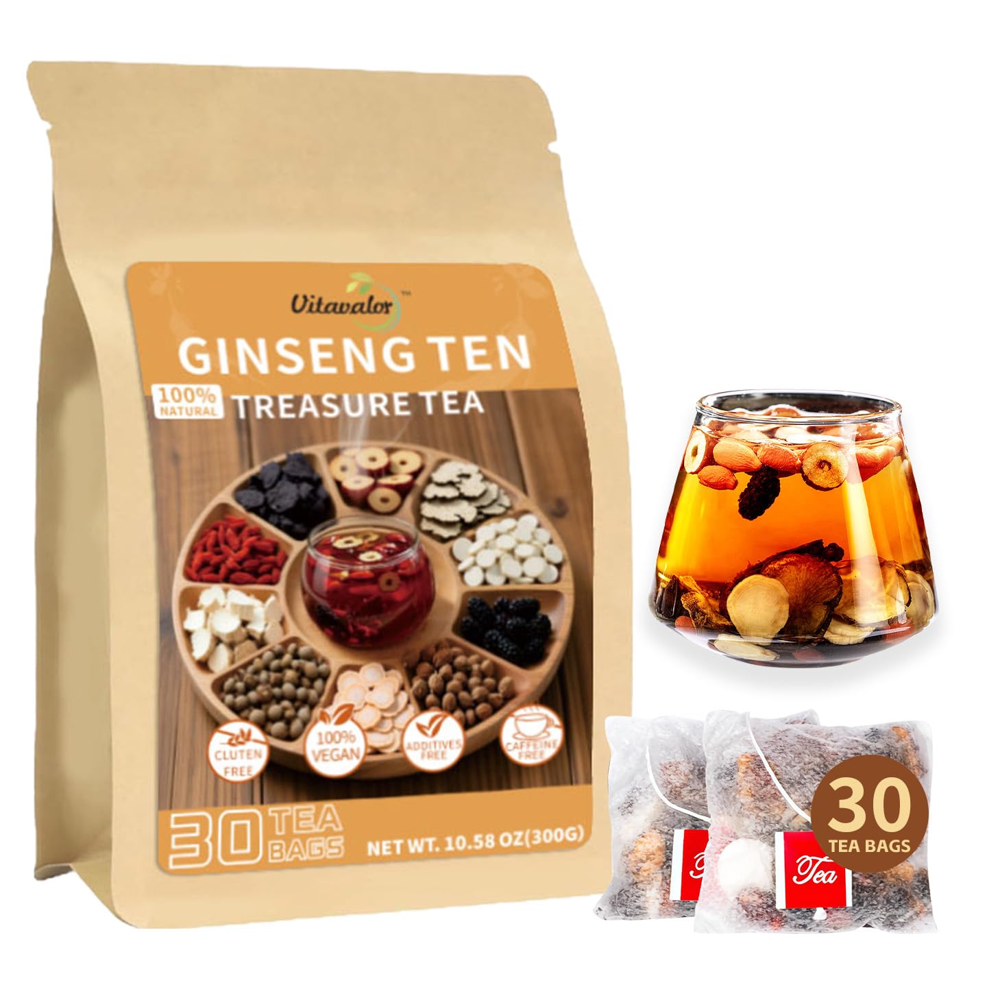Vitavalor Chinese Traditional Kidney Care Herbal Tea, Ginseng Ten Treasures Tea, Natural Kidney Cleanse Detox Tea for Men & Women, Formula with 10