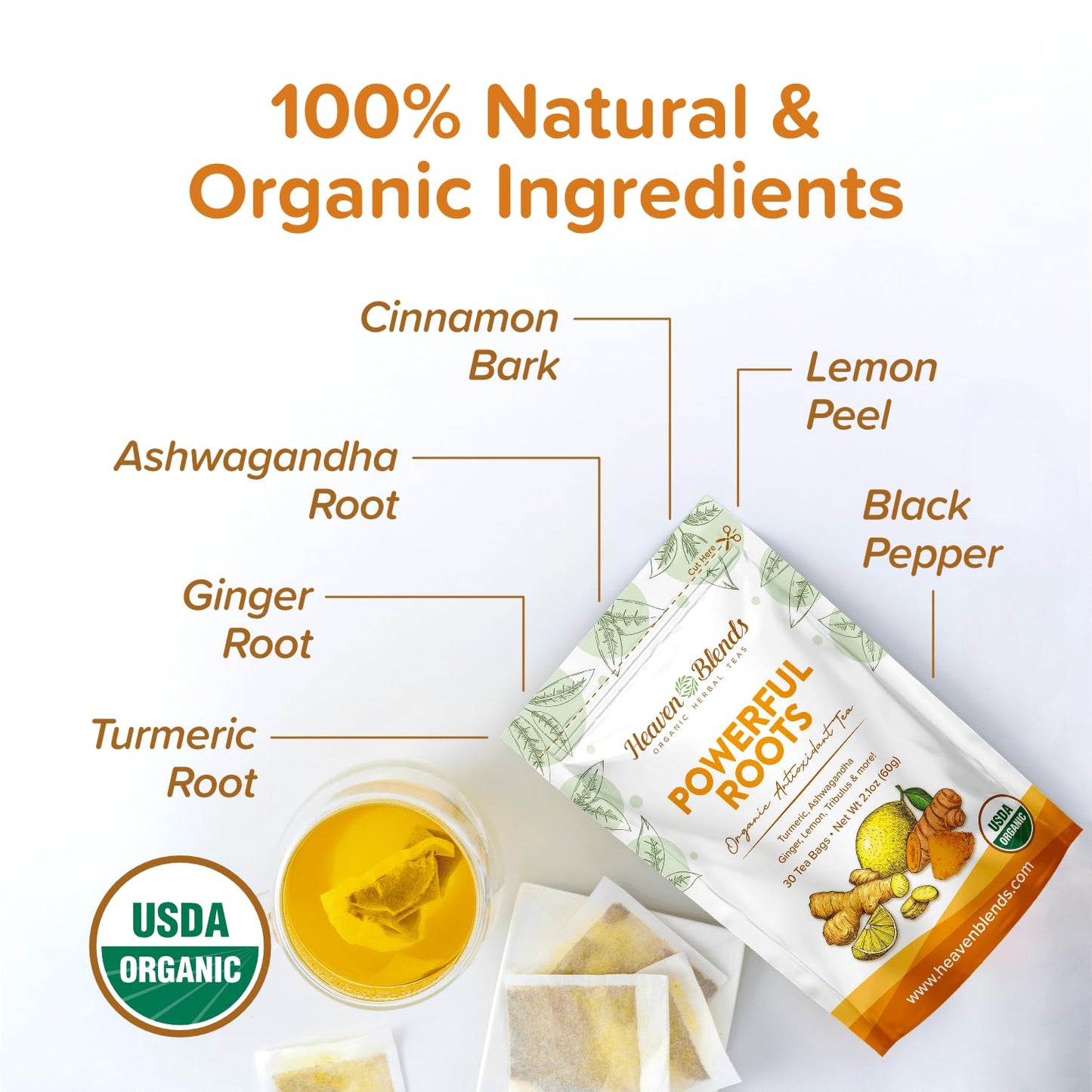 Heaven Blends Powerful Roots Men’s Vitality Organic Herbal Tea - USDA Organic - Antioxidant Blend with Turmeric, Ginger, Ashwagandha, Cinnamon, Black