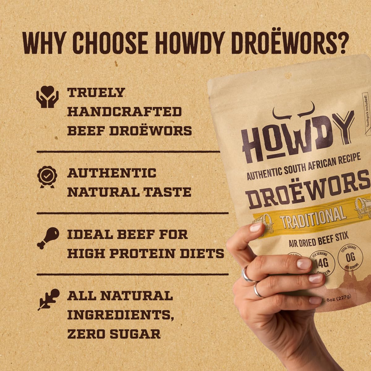Howdysnax Handcraft Authentic Small Batch Droëwors Beef Sticks Sugar Free, Soy Free, Paleo & Keto Friendly Snack