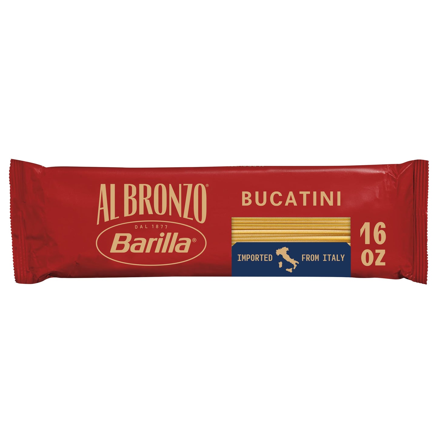 Barilla Al Bronzo Bucatini Pasta 16 oz., Bronze Cut, Created from High Quality Durum Wheat, Imported From Italy, Non-GMO, Kosher