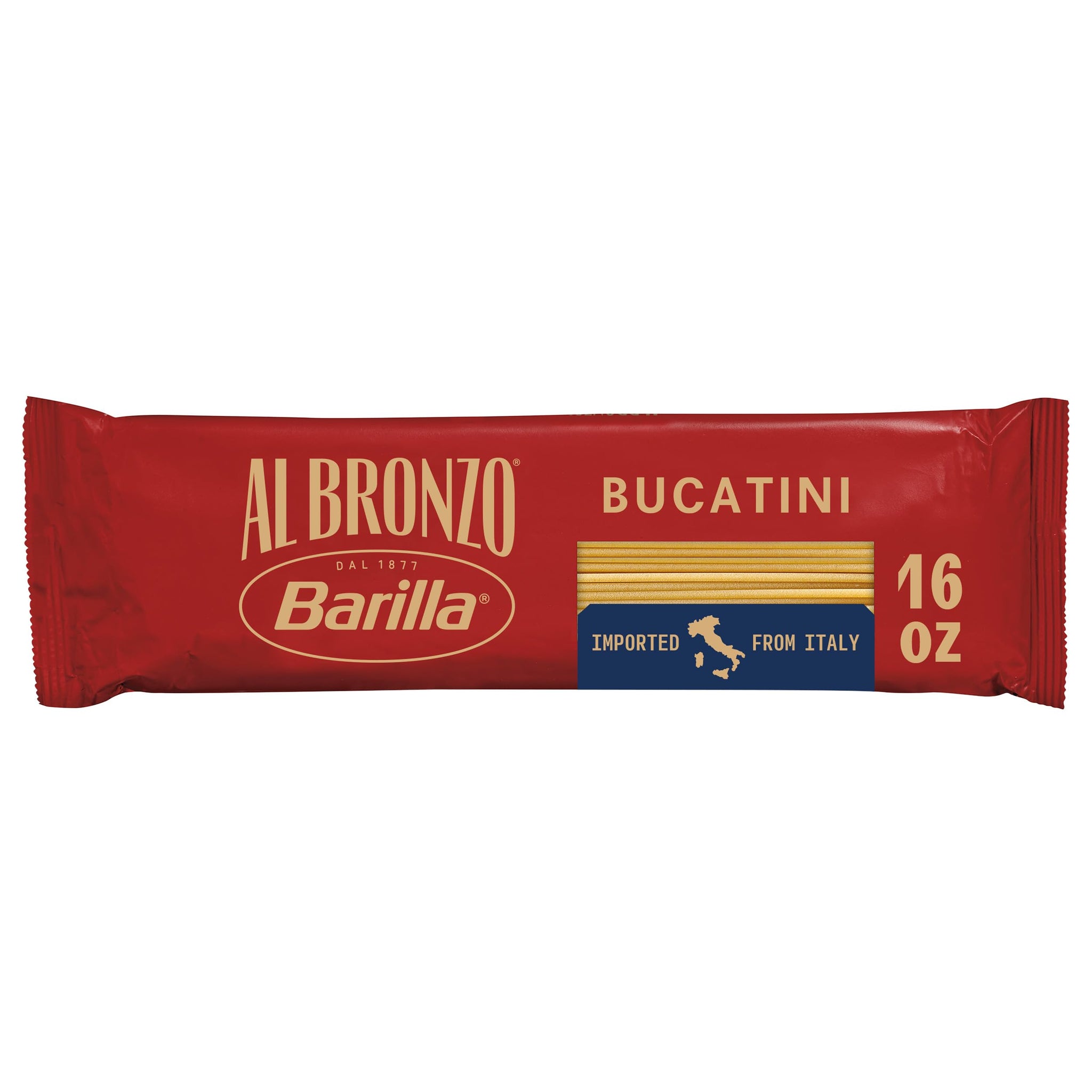 Barilla Al Bronzo Bucatini Pasta 16 oz., Bronze Cut, Created from High Quality Durum Wheat, Imported From Italy, Non-GMO, Kosher