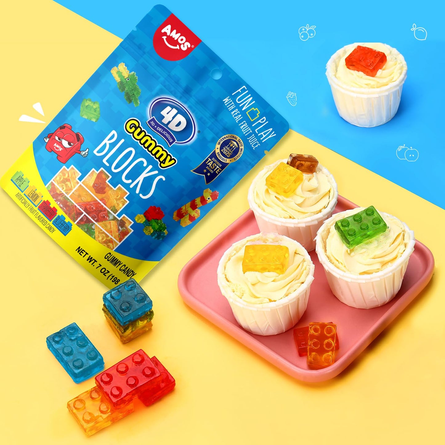 AMOS 4D Gummy Blocks - 7oz (198g) Fruit-Flavored Building Block Gummies, Fun Play Edible Candy with Real Fruit Juice, Artificial Flavor