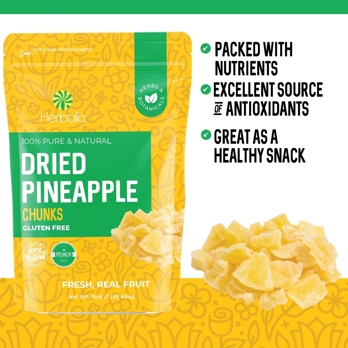 Herbaila Dried Pineapple Chunks, 1 Pound. Dehydrated Pineapple Chunk, Dehydrated Pineapple Bulk, Dried Pineapple Bits. All Natural, Non-GMO, Lightly