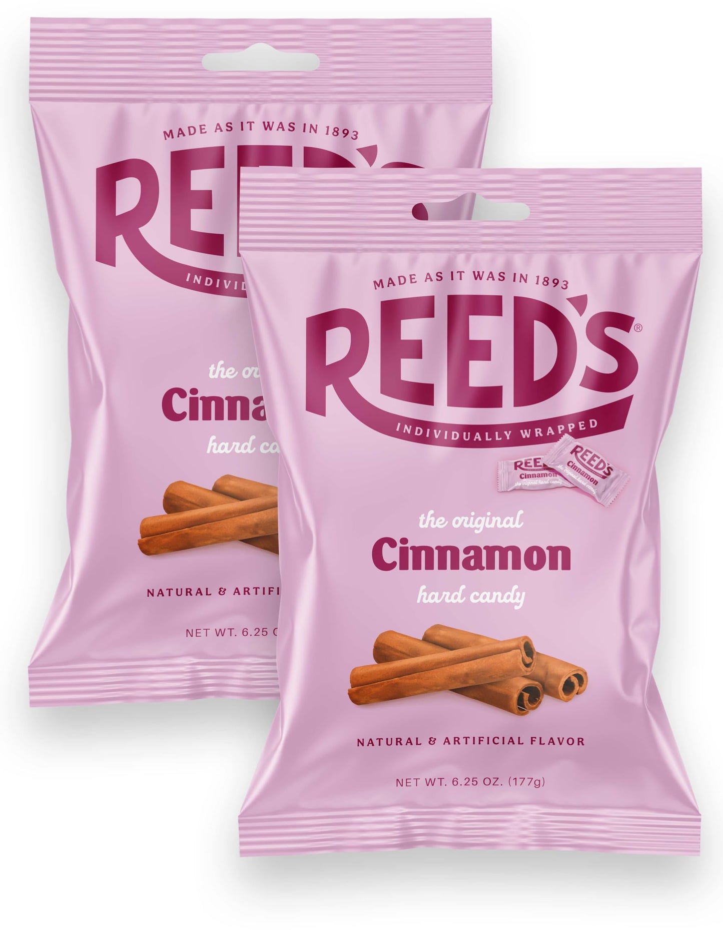 Reed’s Cinnamon Candy, 6.25oz Bag (Pack of 2) Individually Wrapped Cinnamon Hard Candy, The Hampton Candy Company