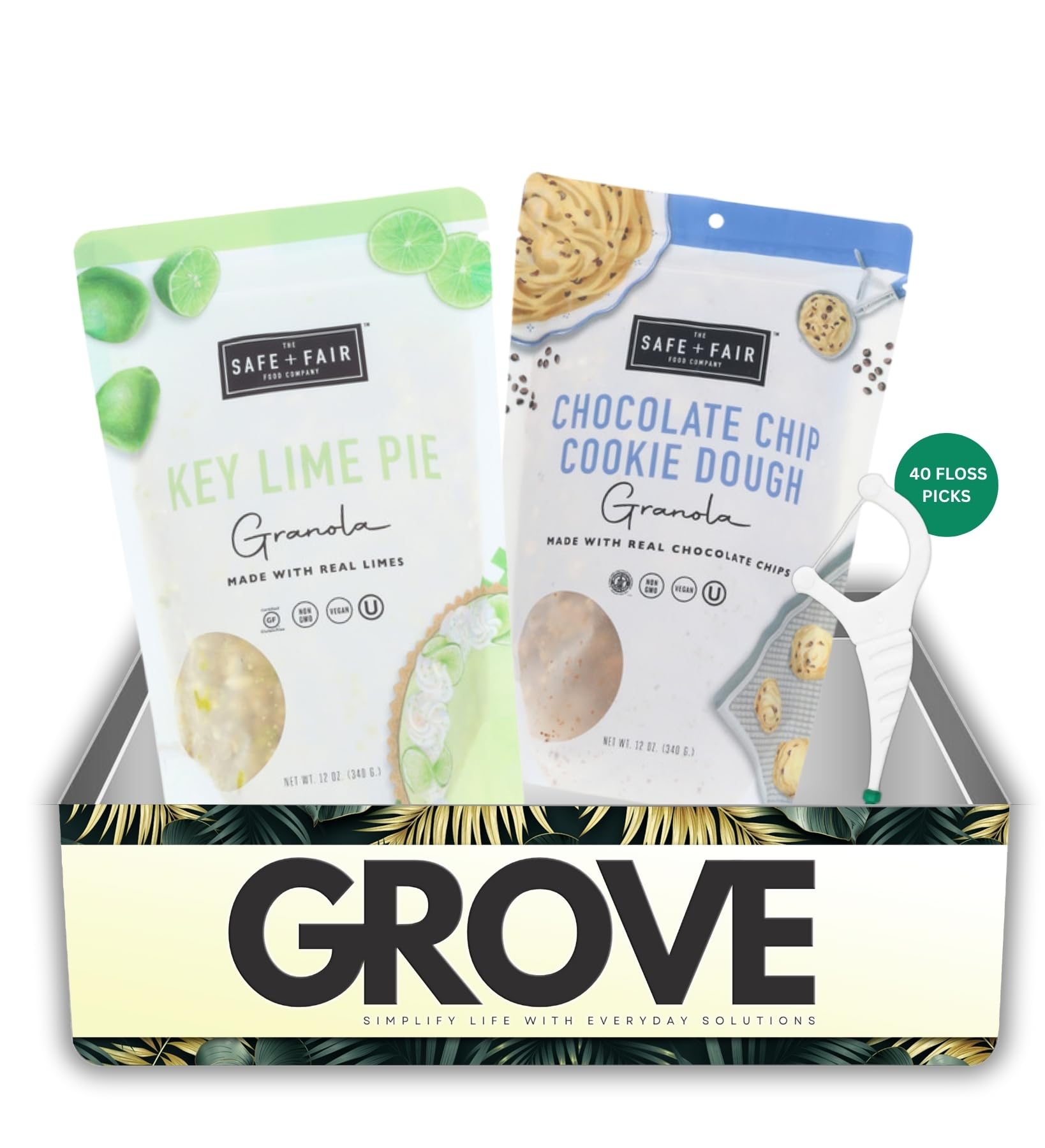 The Safe And Fair Food Company Granola Key Lime Pie 12 OZ, Chocolate Chip Cookie Dough 12 OZ Bundle with Dental Floss - Allergen-Free, Plant-Based