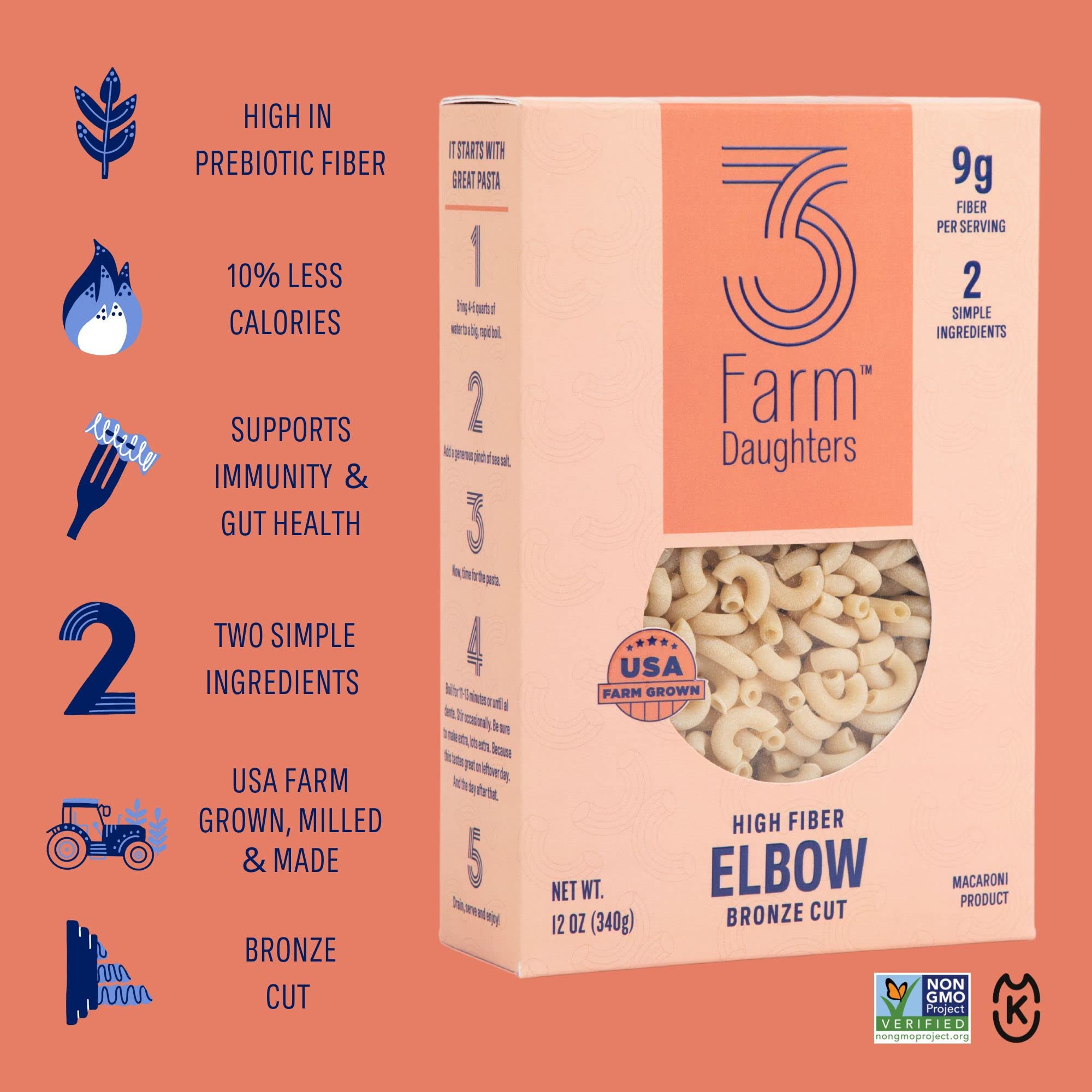 Three Farm Daughters High Fiber Elbow Macaroni Pasta Pack, Low GI, Non GMO Elbow Pasta Noodles, Low Net Carb, Made in the USA, 12 oz. (1 Pack)