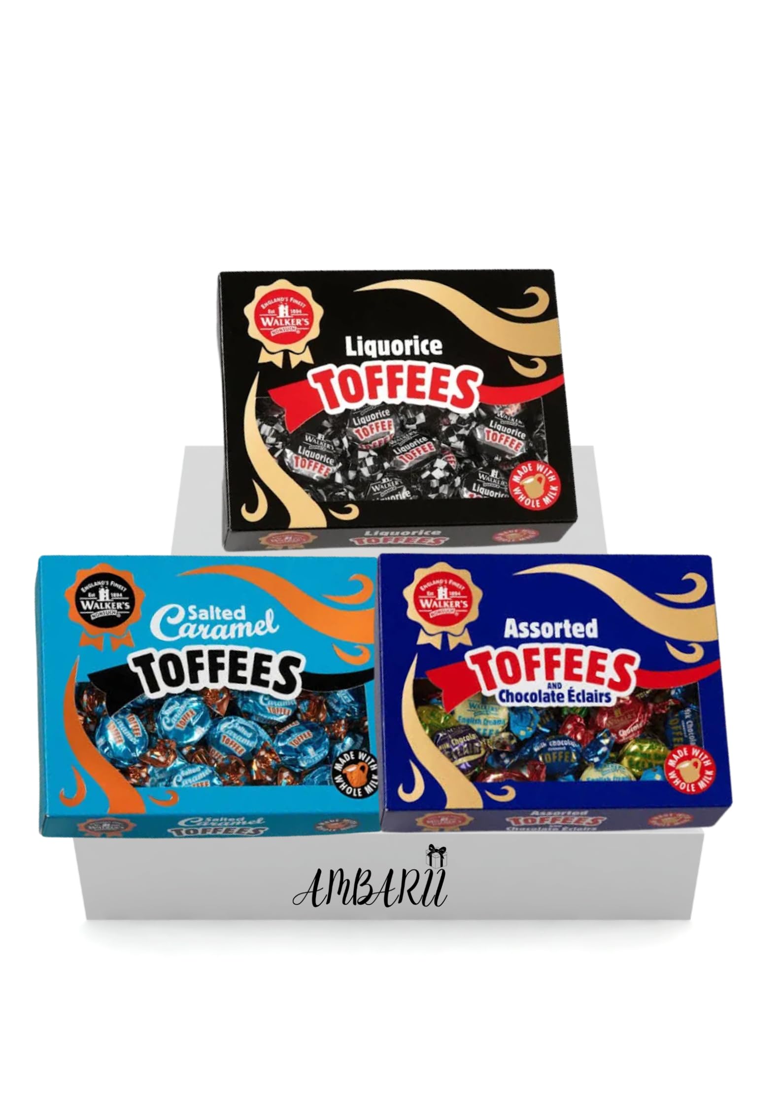 AMBARII Walkers Nonsuch Salted Caramel Toffee, Liquorice, Nonsuch Assorted & Chocolate Eclairs, Pack of 3, Toffee Gift Hamper 350g Each