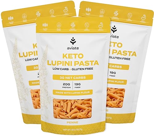 Aviate Keto Pasta Penne - Low Carb (3g Net) Lupini Penne Pasta - High Protein (20g) - Gluten-Free - Made with Lupin Flour [Plant Based Vegan]