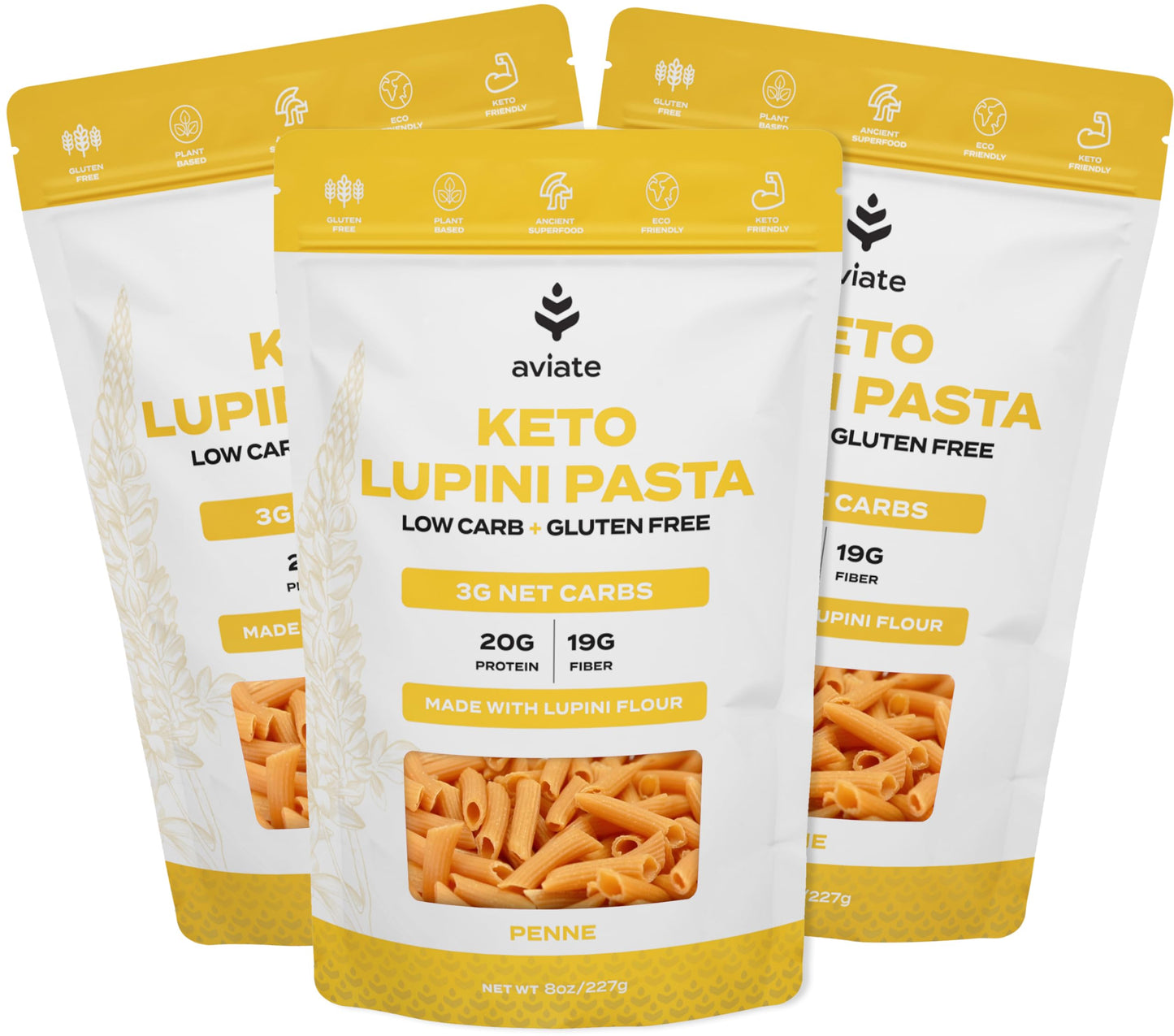 Aviate Keto Pasta Penne - Low Carb (3g Net) Lupini Penne Pasta - High Protein (20g) - Gluten-Free - Made with Lupin Flour [Plant Based Vegan]
